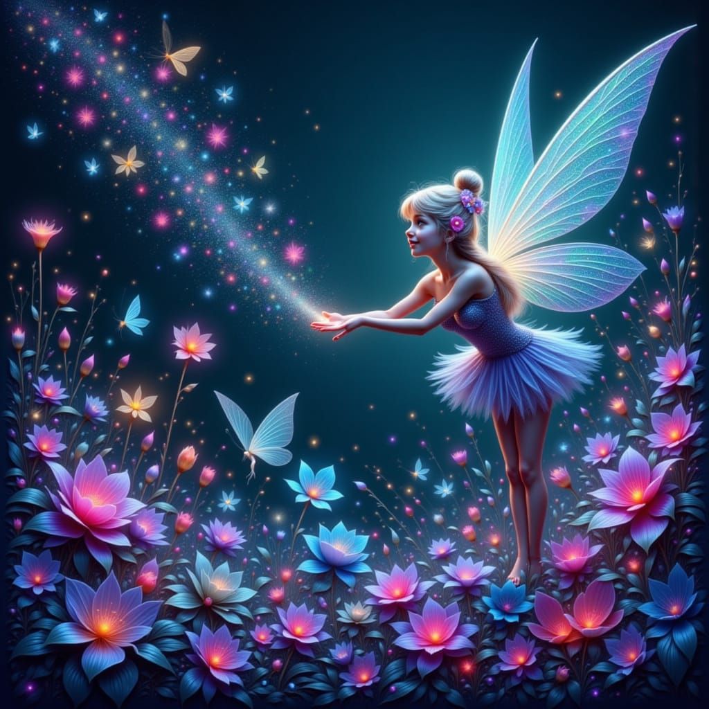 Ethereal Fairy Sprinkling Magic Dust on Neon Flowers