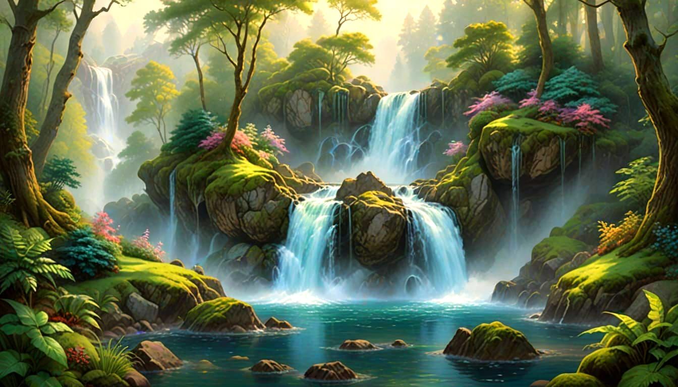 Ethereal Waterfall in Milky Fog Digital Painting