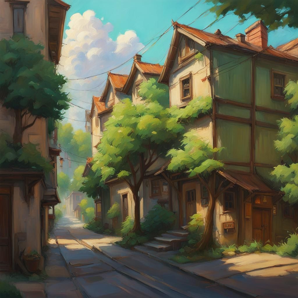 Cozy Anime Townscape in Sunlight: Oil Painting