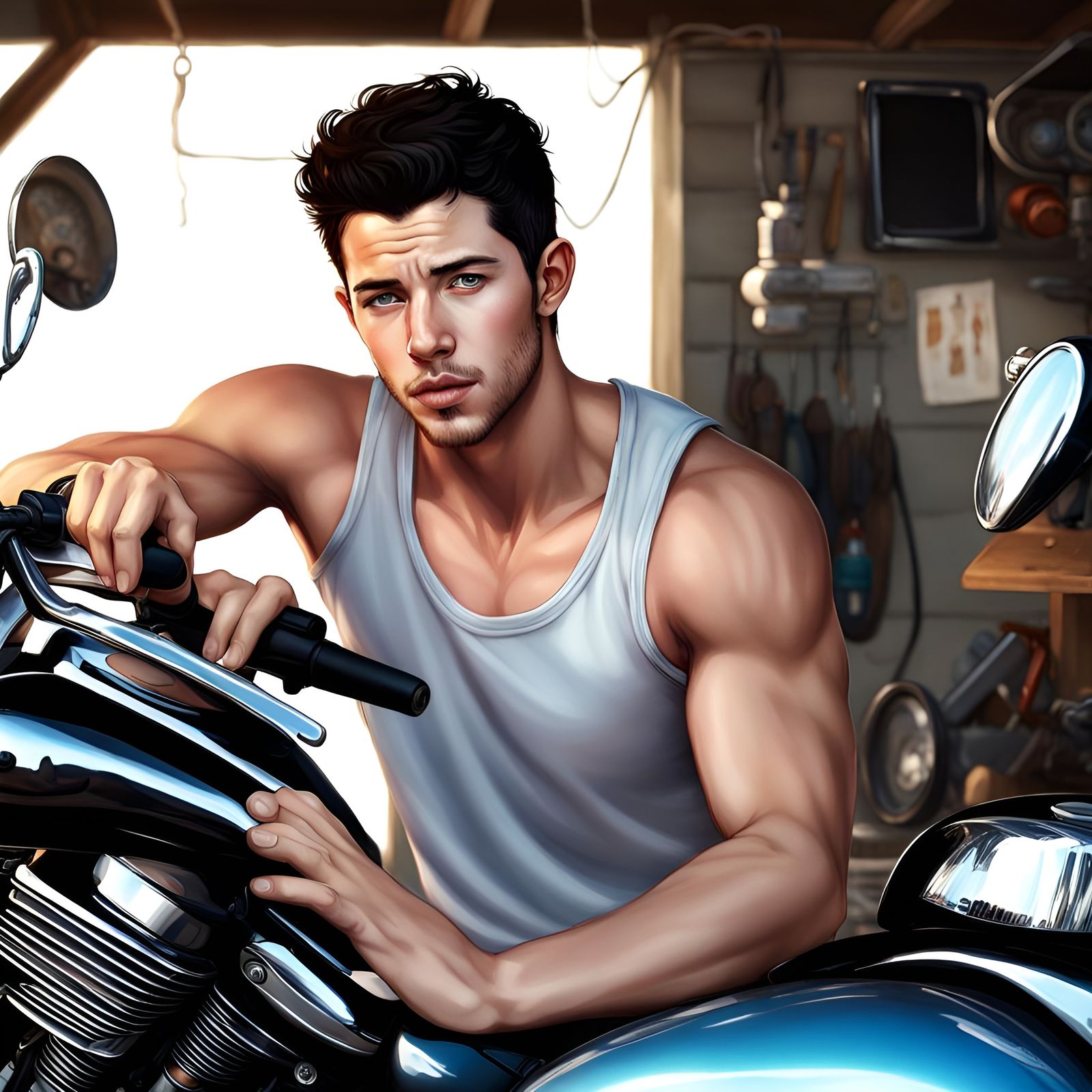 Handsome Man Working on Motorcycle in Garage