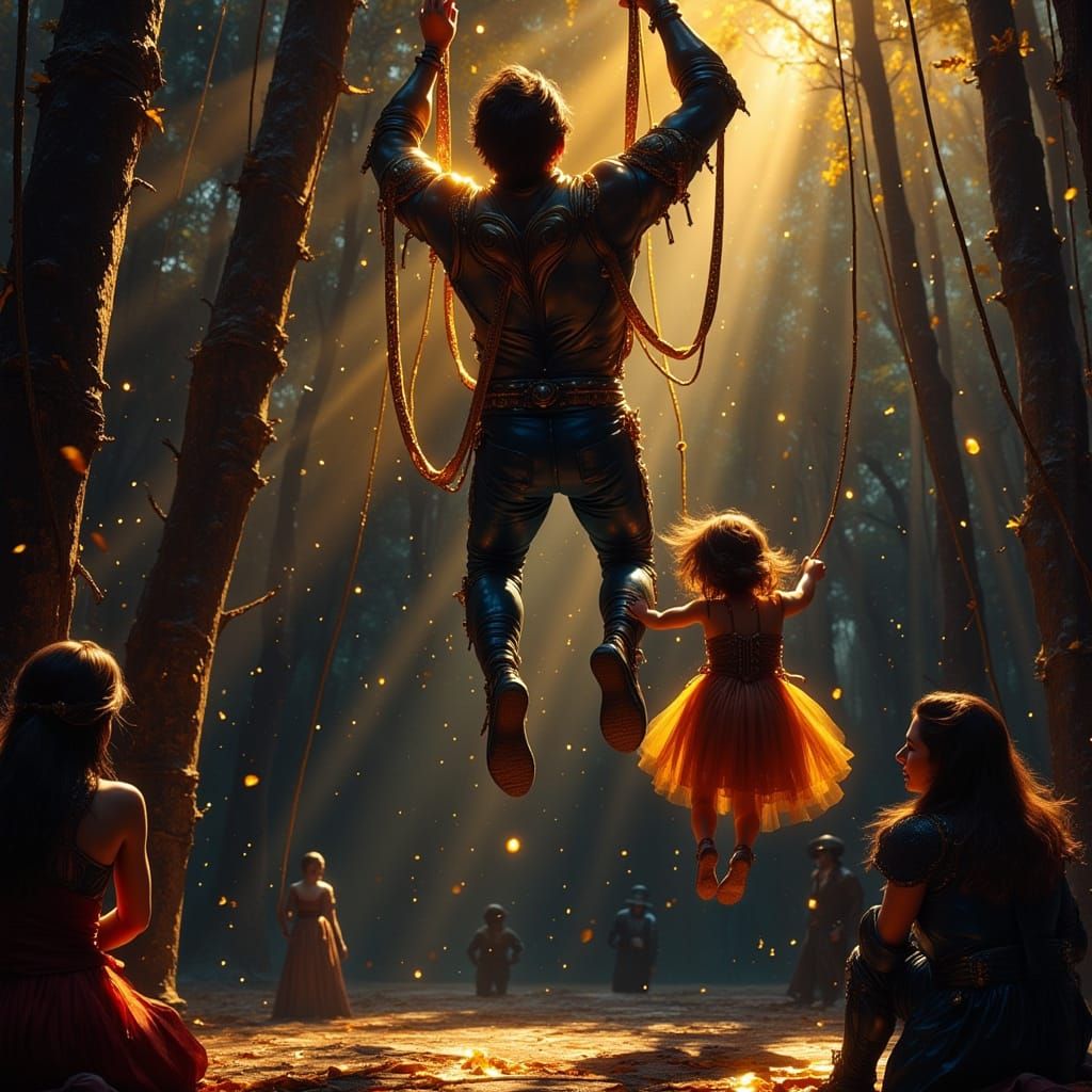 Circus Family Trapeze Practice in Digital Art Style