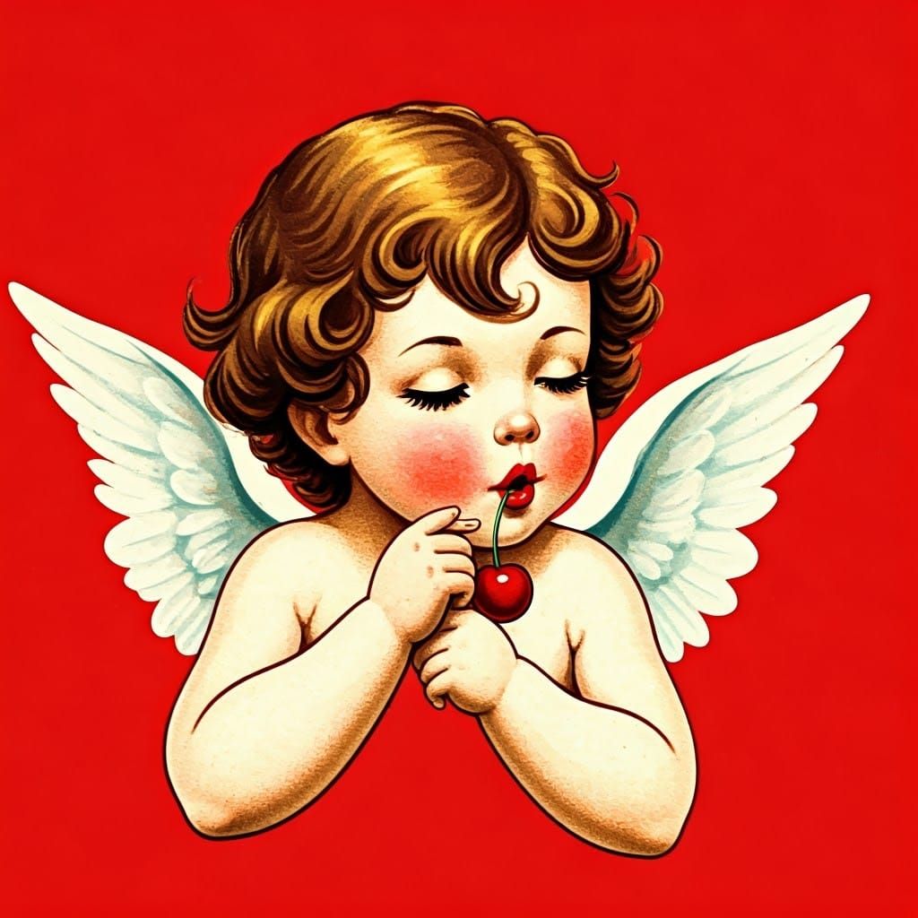 Romantic Vintage Drawing of Angel Biting Cherry