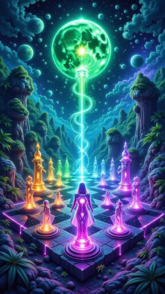 Mystical Cannabis Chessboard with Sativa and Indica Pieces