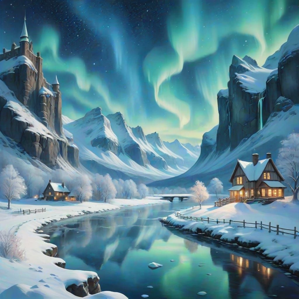 Pegasus Soaring Over Frozen Waterfalls: Beatrix Potter Style