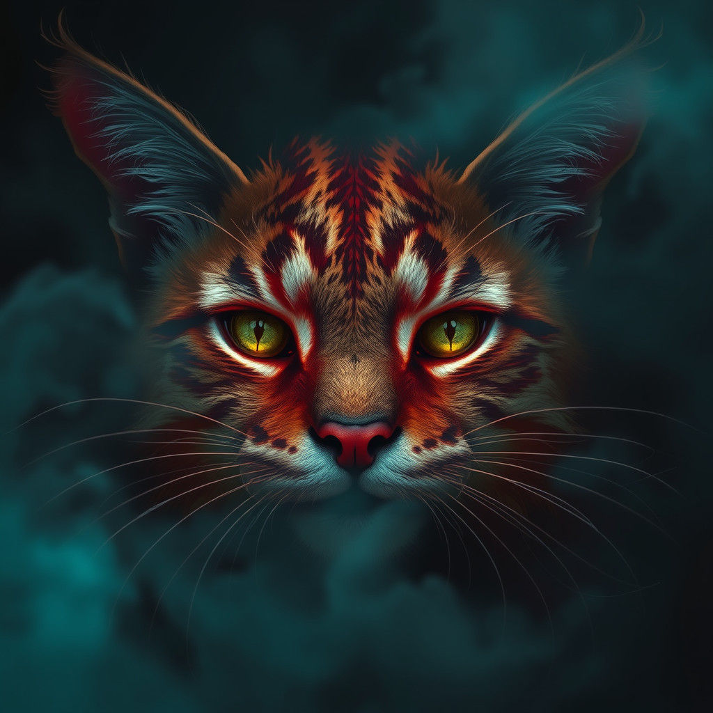 Mystical Feline Face in Dark Fog: Fantasy Concept Art