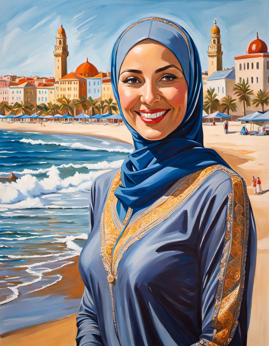 Elegant Woman in Sport-Burkini on Beach, Realistic Oil Paint...