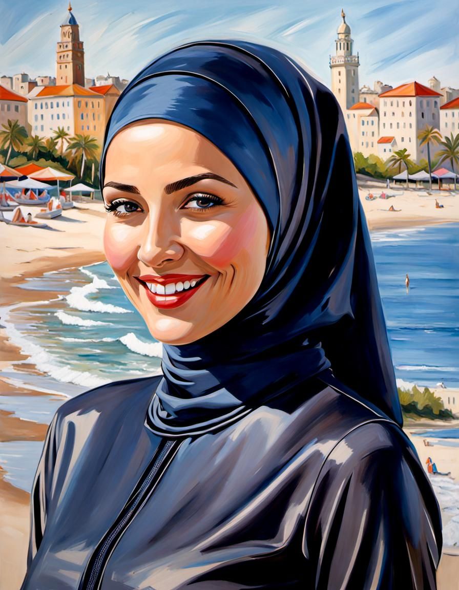Elegant Woman in Sport-Burkini at Beach