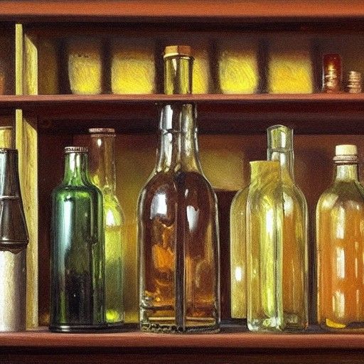 Glass Bottle on Shelf as Oil Painting