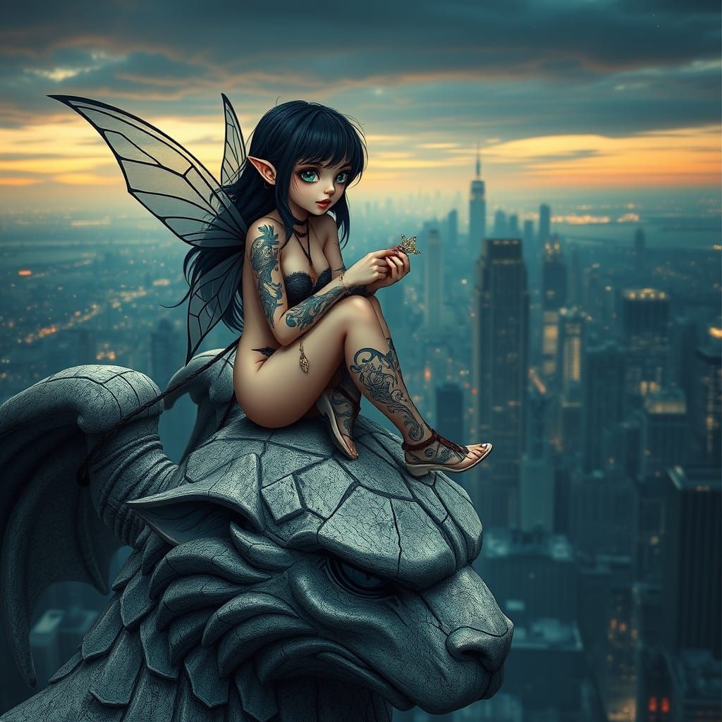 Goth Pixie on Gargoyle Overlooking Metropolis