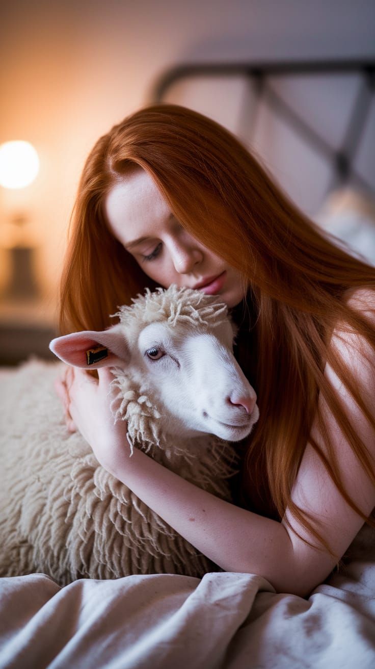 A very beautiful girl hugs a sheep in her bed and it and lov...