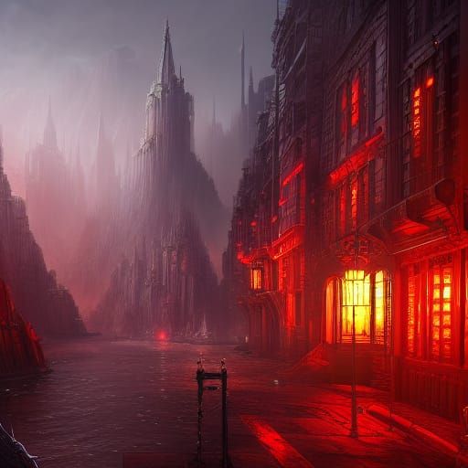Detailed Red District Concept Art in Deep Color