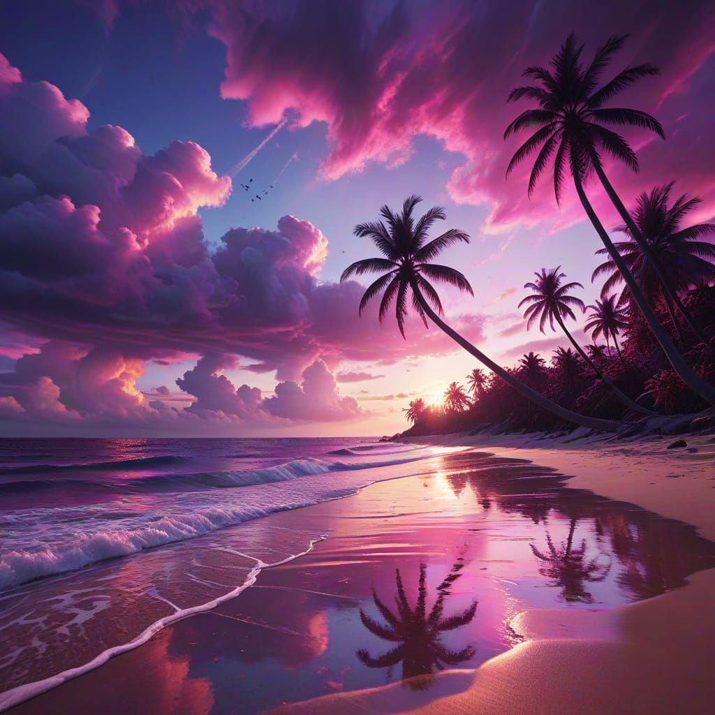 Hyper-Surreal Beach Sunset with Vivid Magenta and Violet Sky