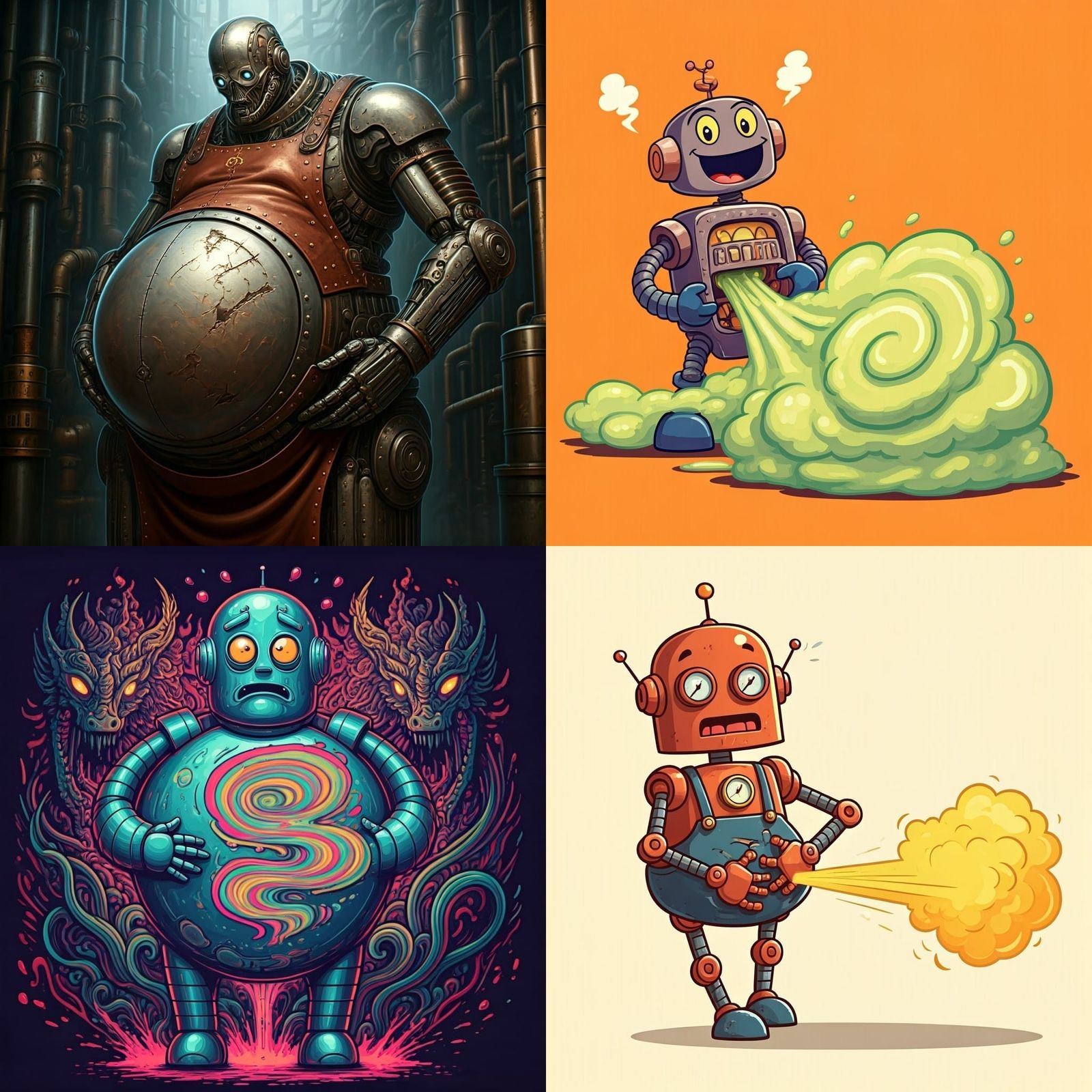 Humorous Image of a Gassy Robot with Stomach Problems