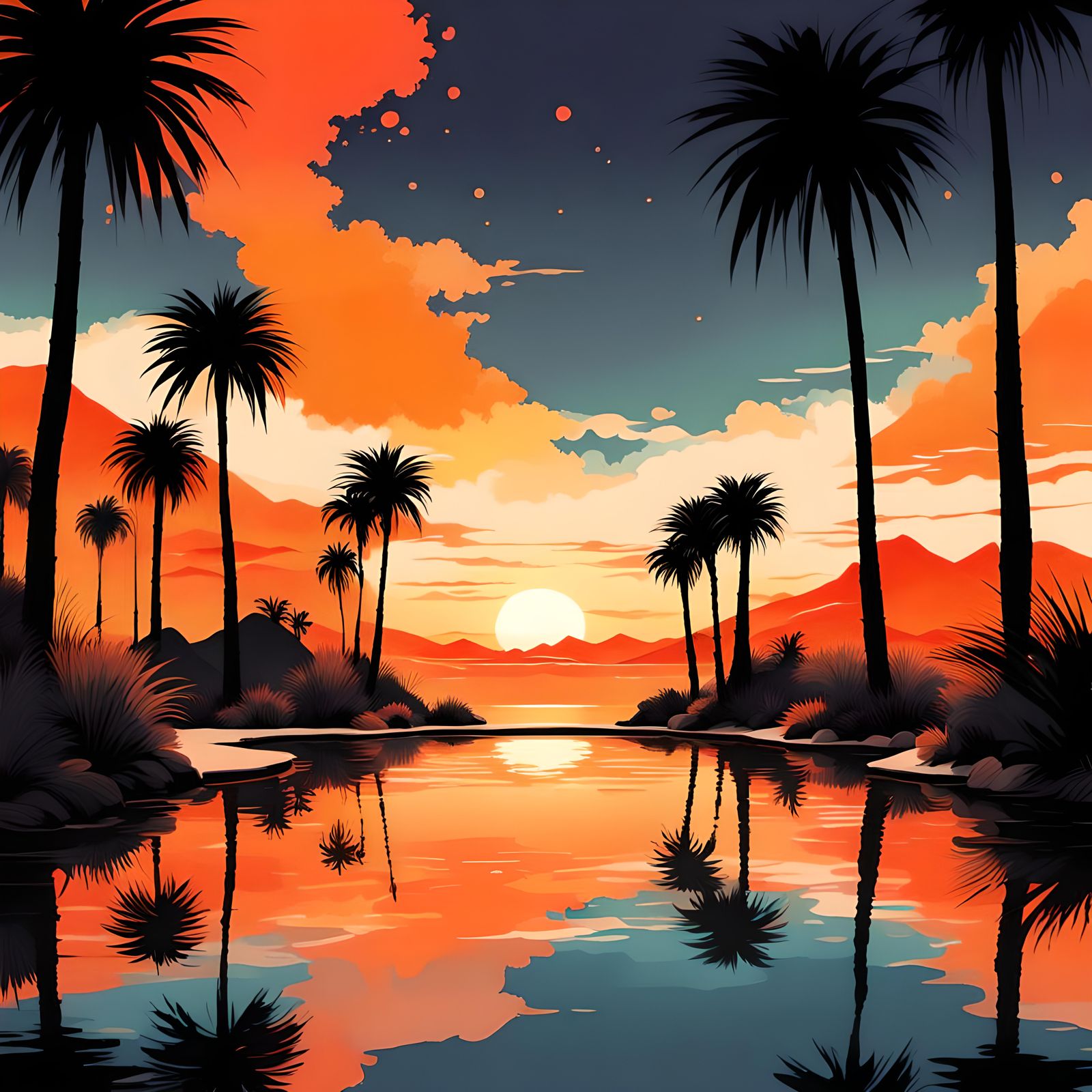 Desert Oasis Sunset in Studio Ghibli Watercolor Style