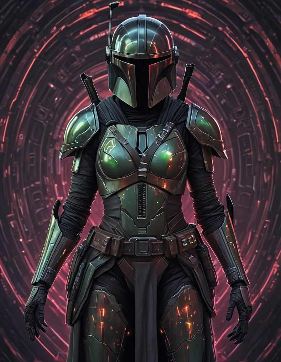 Dangerous Female Warrior in Neon Mandalorian Armor