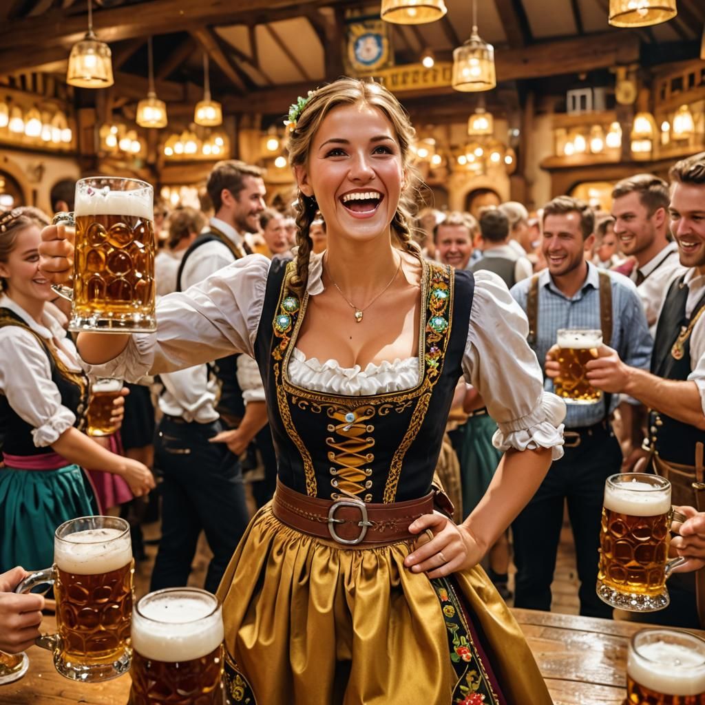 Oktoberfest Beer Hall Scene with Juggling Woman