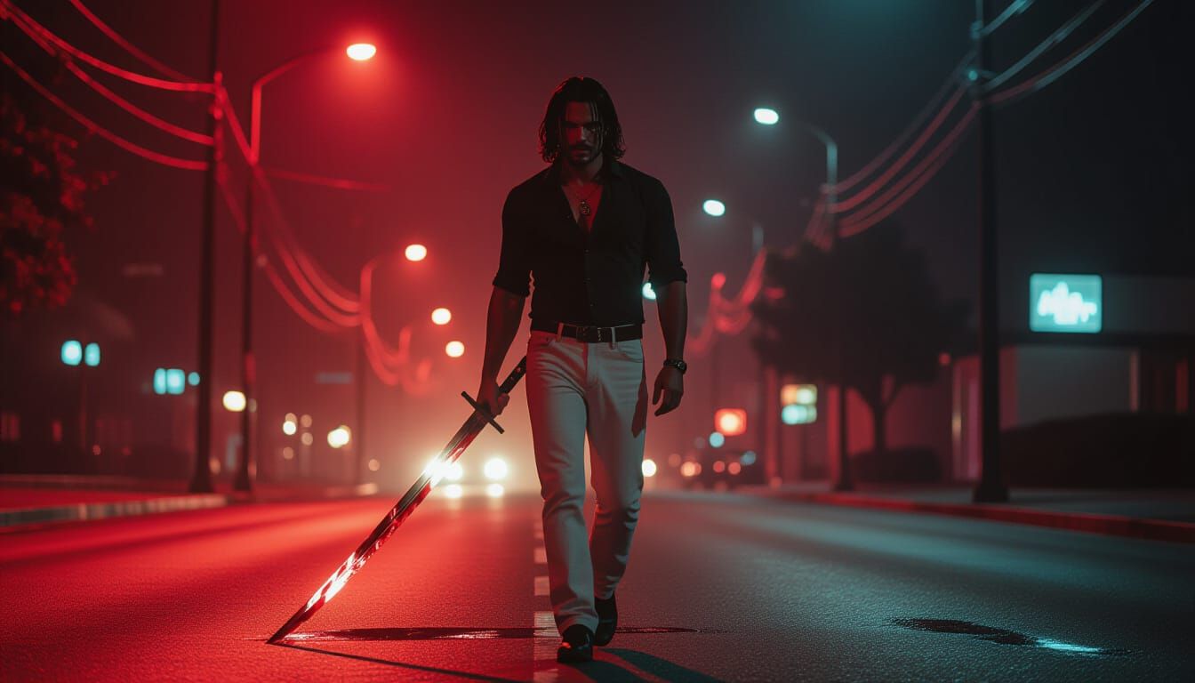 Man with Bloody Sword on City Road at Night, Cinematic Glow