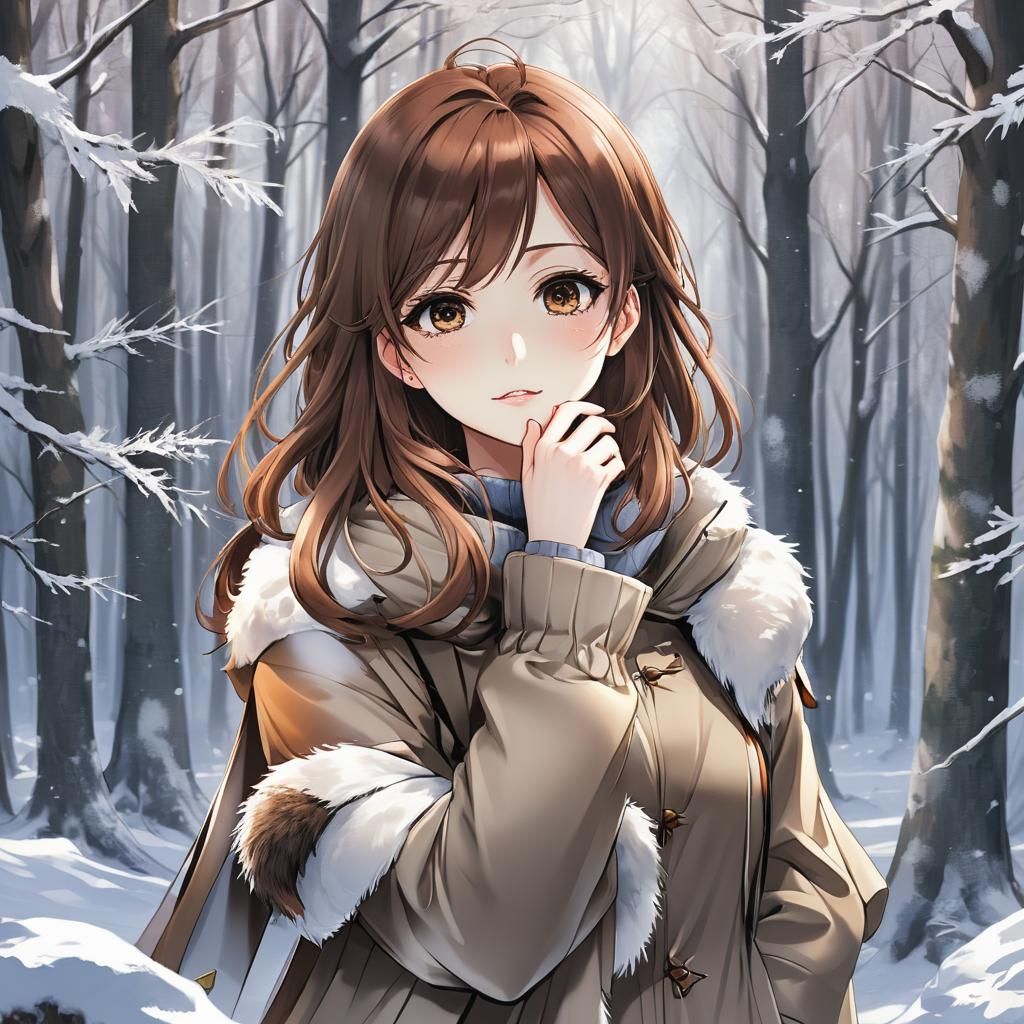 Anime Girl with Brown Hair in Winter Woods