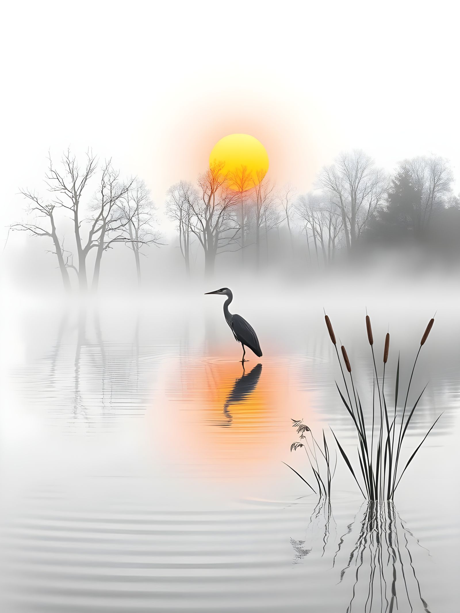 Misty Watercolor Landscape at Pond's Edge