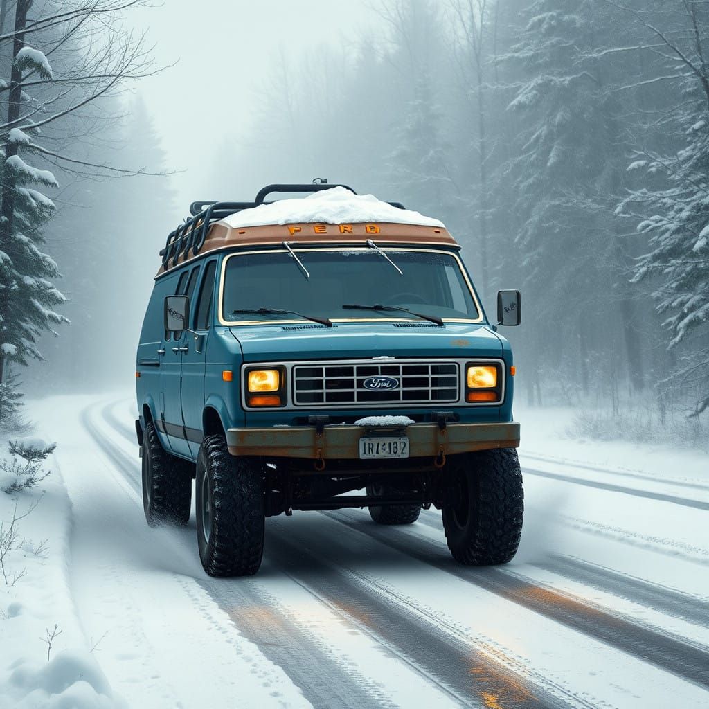 Rugged Blue Ford Van Plows Through Snowy Woods