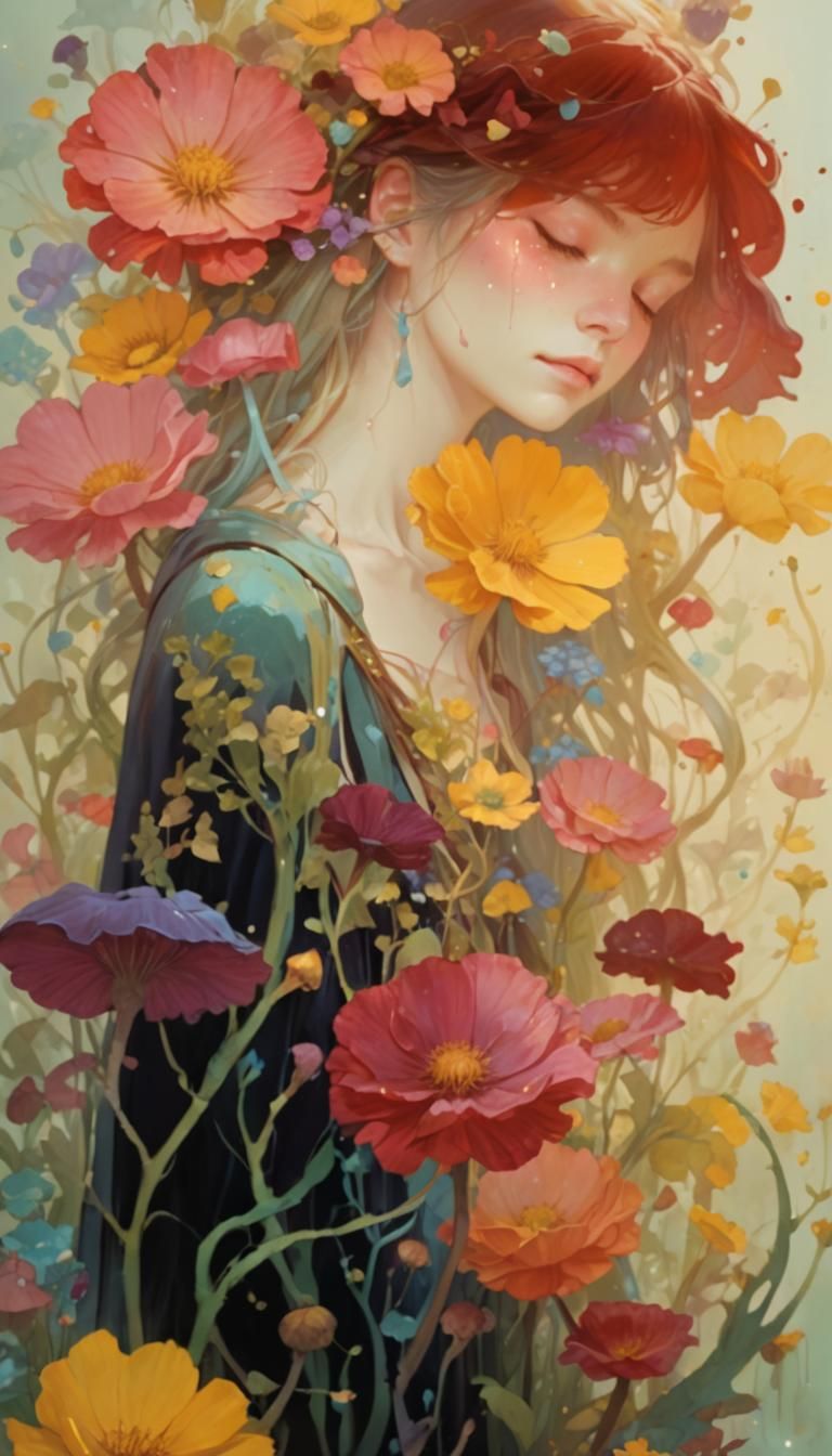 Sleeping Girl Surrounded by Flowers, Fantasy Art