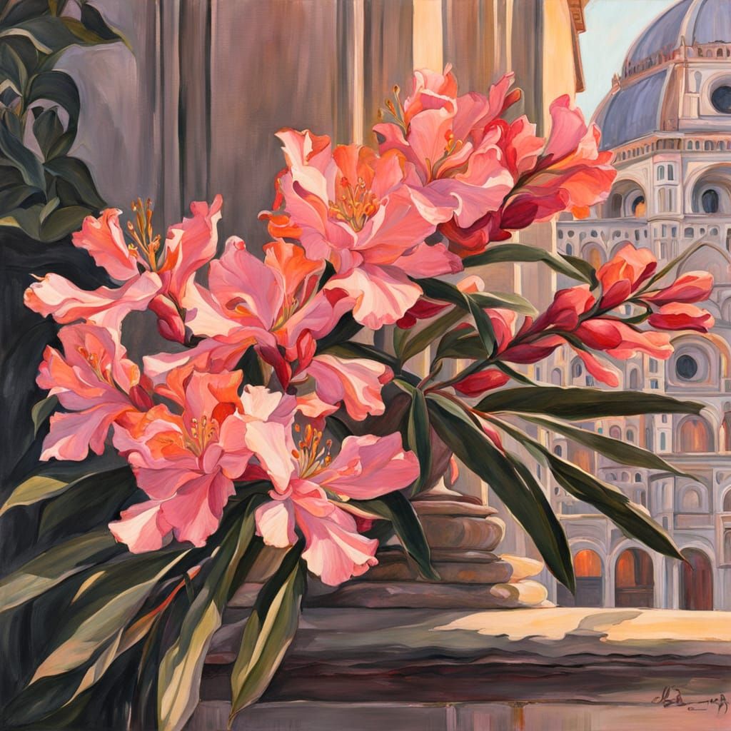Crimson Oleander Blooms in Dawn Light, Art Nouveau Style