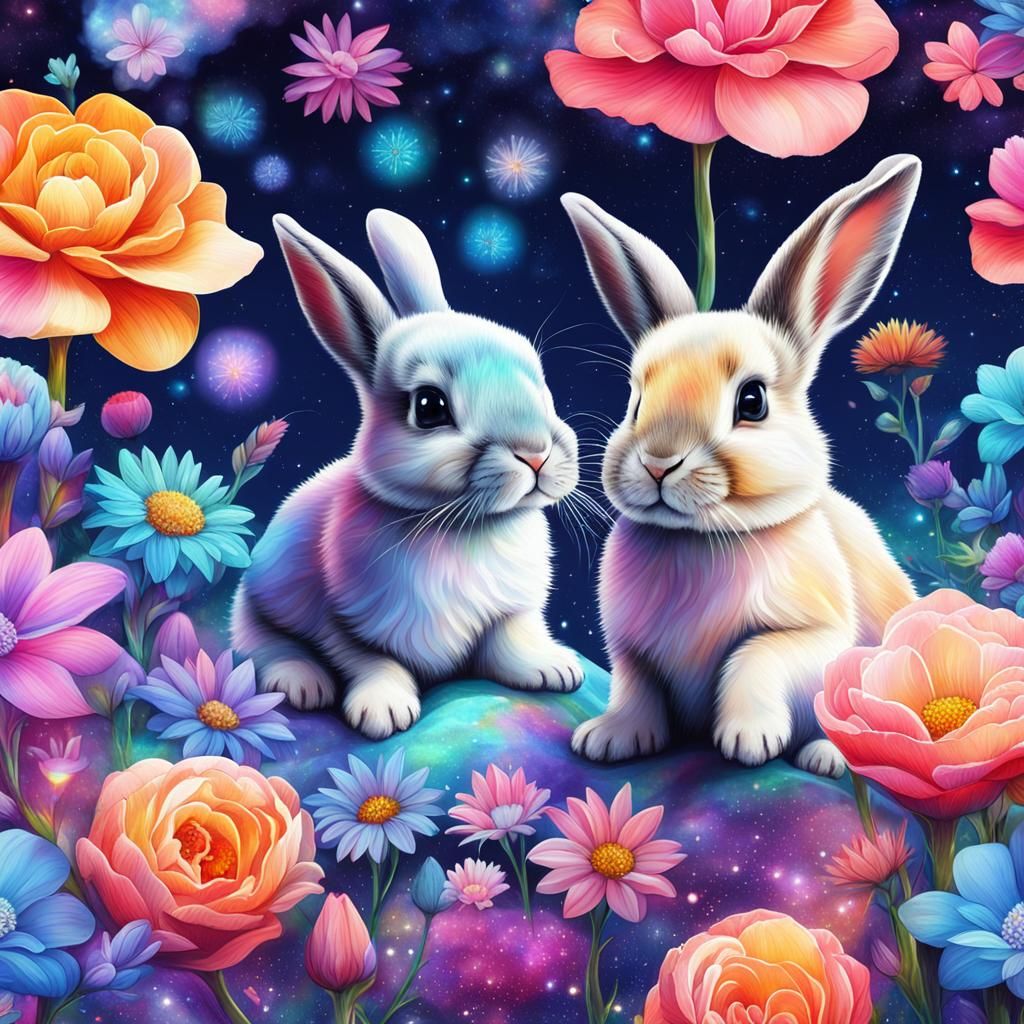 Baby Bunnies in Flowers: Holographic Astral Illustration