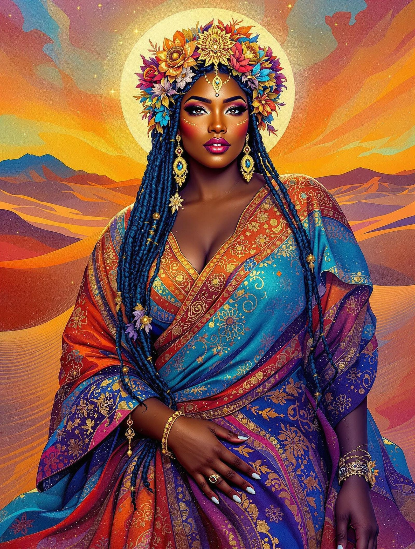 Serene Desert Queen in Vibrant Brocade