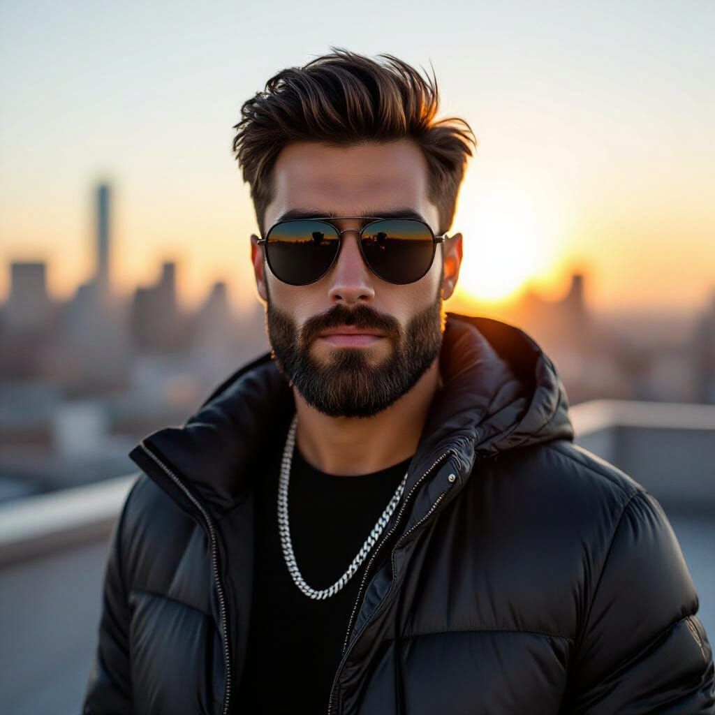 Handsome Man in Sunglasses at Sunset Rooftop Portrait