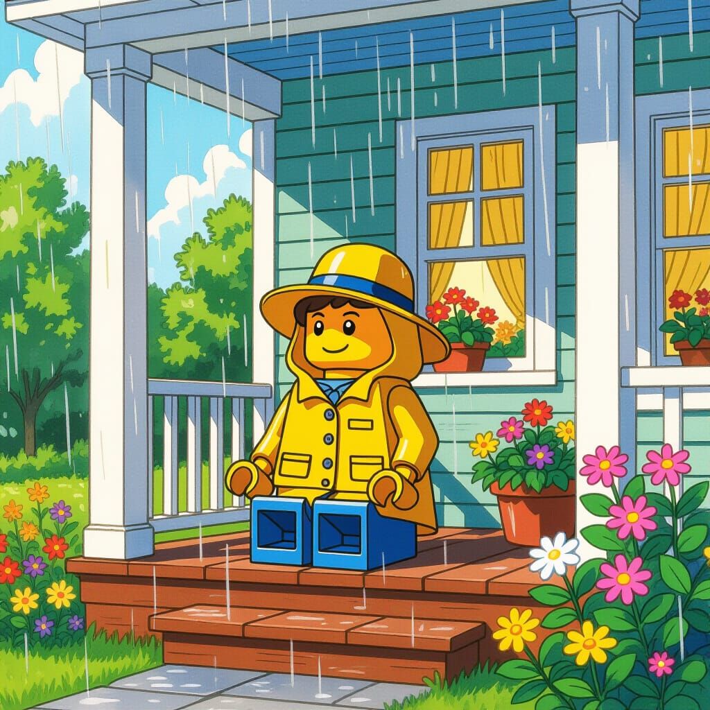 Lego Figure in Summer Rain, Animated Watercolor Style