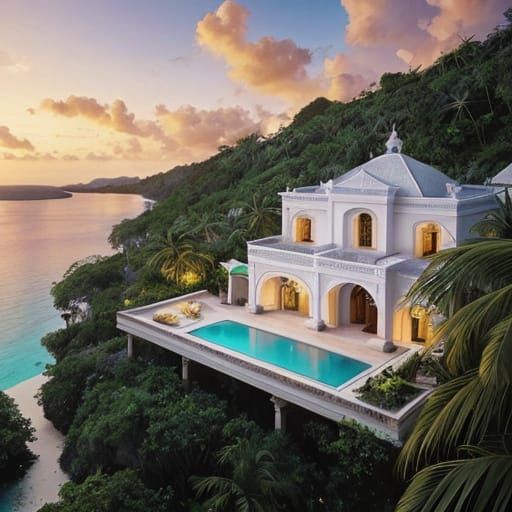 Cliffside Villa Overlooking Turquoise Ocean at Sunset
