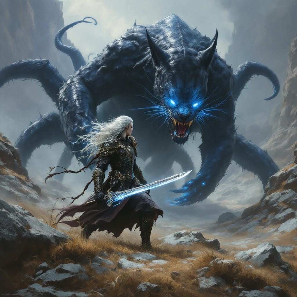 Elven Warrior Confronts Panther Beast in Oil Painting