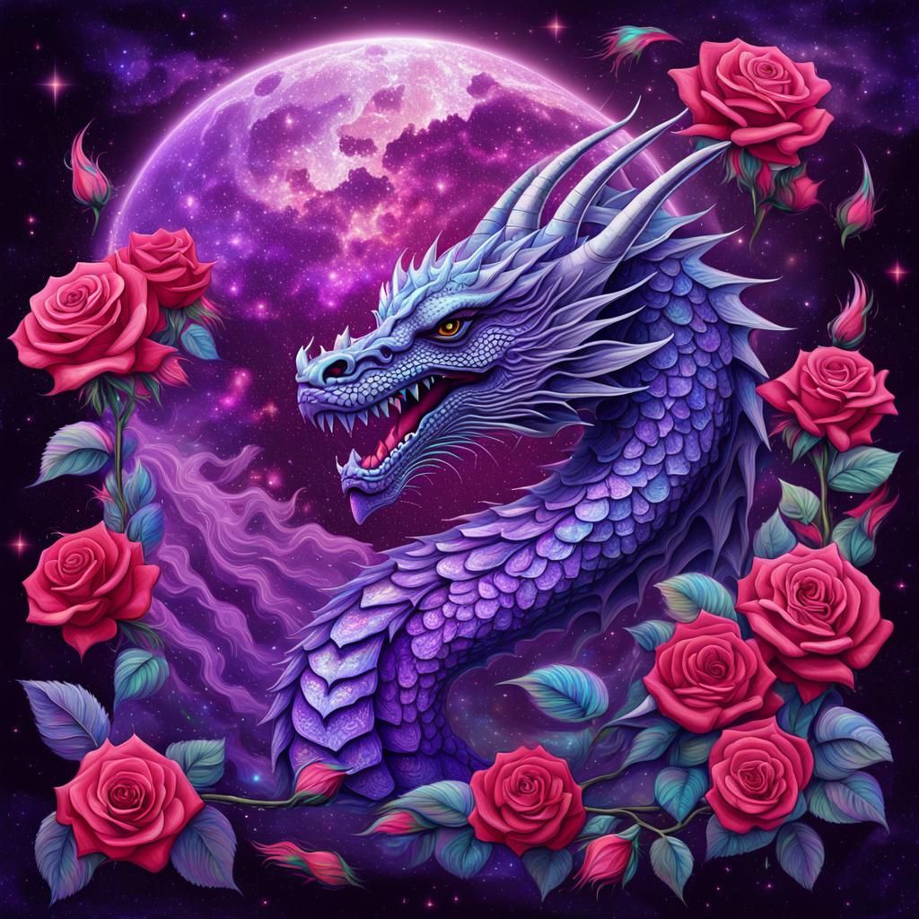 Purple Dragon and Roses in Astral Cosmic Style