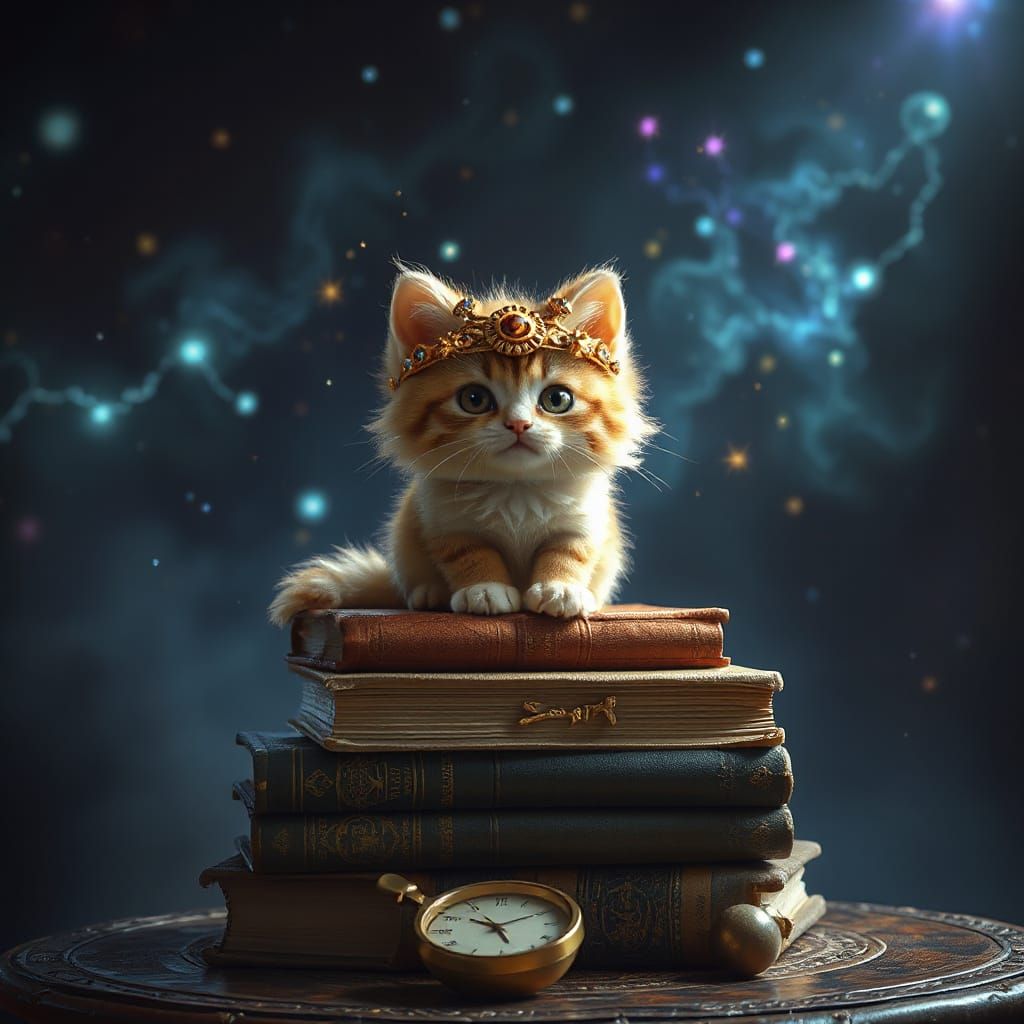 Fluffy Kitten Crowned in Moonbeams Reads Ancient Tomes