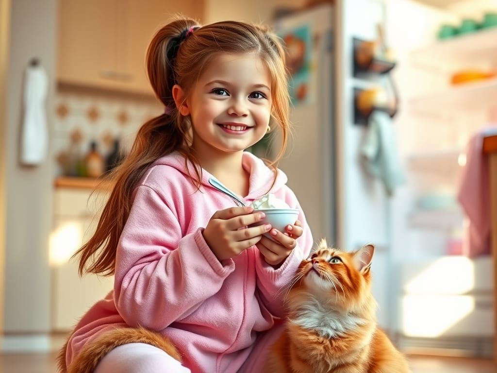 Girl and Ginger Cat in Sunlit Kitchen