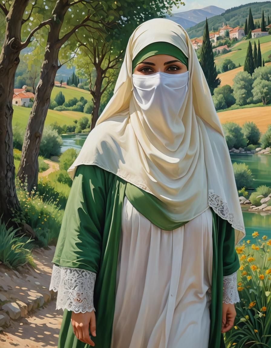 European Woman in Niqab in Croatian Landscape Painting