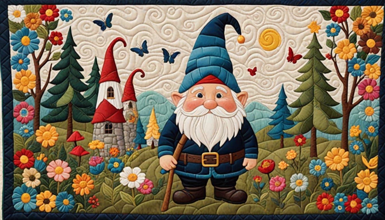 Whimsical Folk Art Quilt Featuring a Playful Gnome