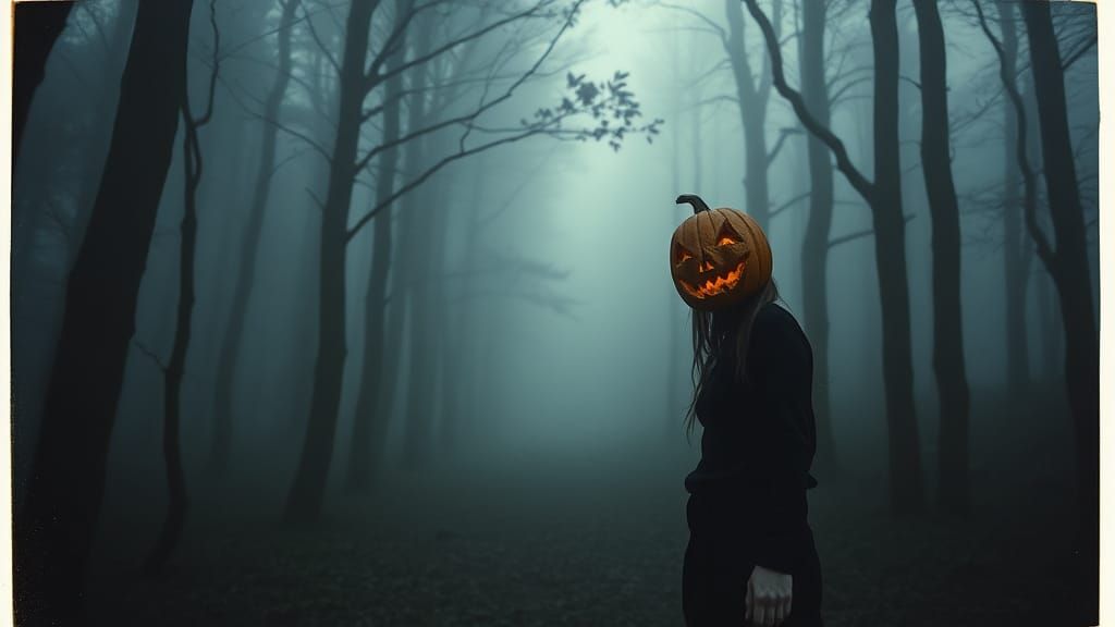 Woman with Pumpkin Head in Misty Forest