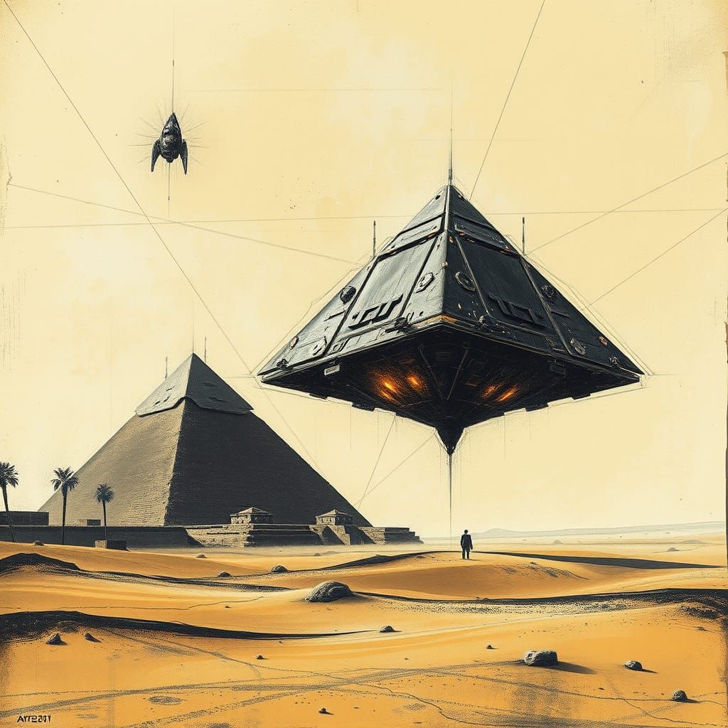 Futuristic Spaceship Pyramid Above Giza