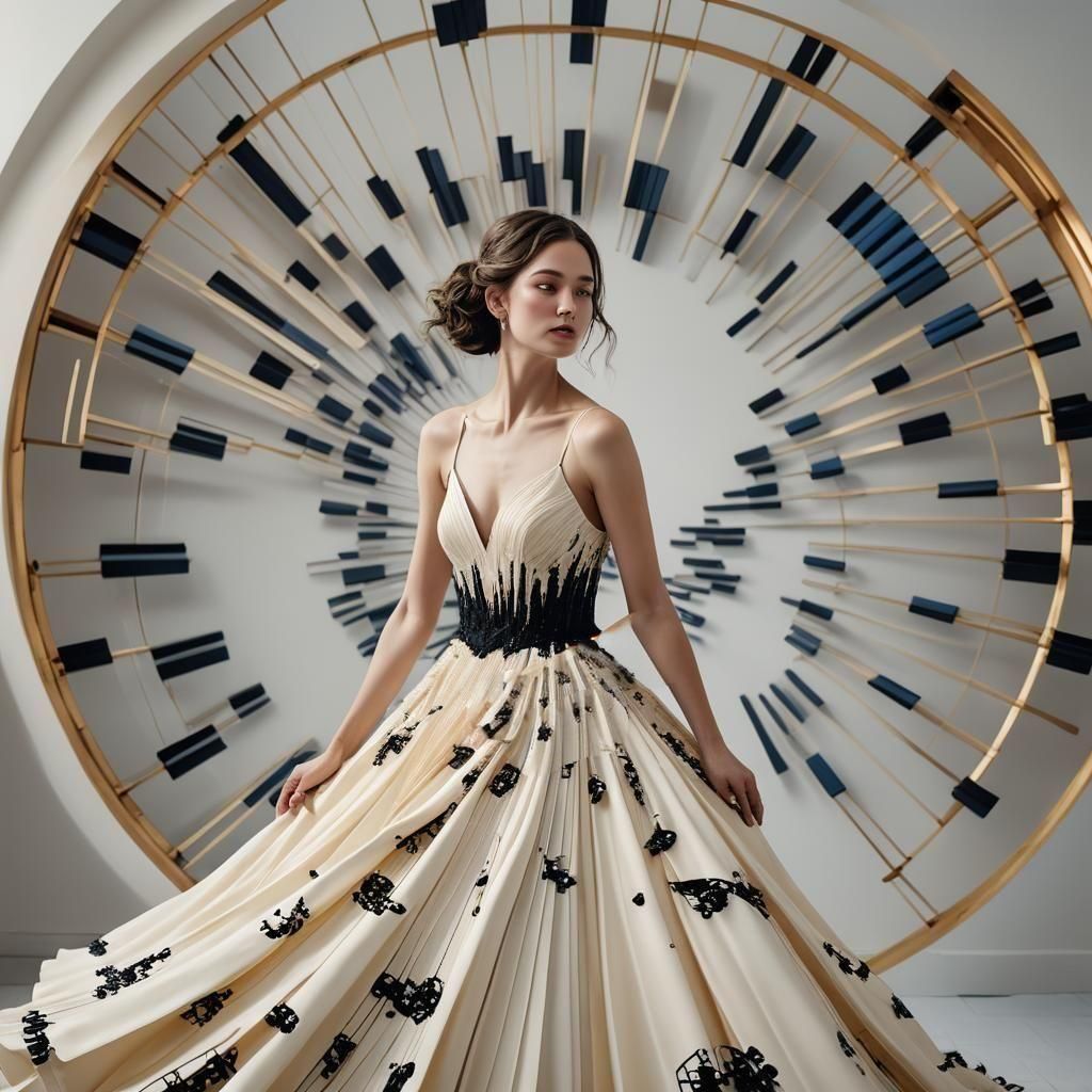 Woman in Piano Key Gown: Hyperrealistic Digital Art