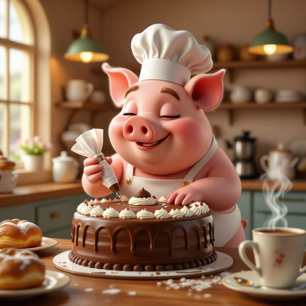 Chef Pig Decorates Giant Cake in Whimsical Bakery
