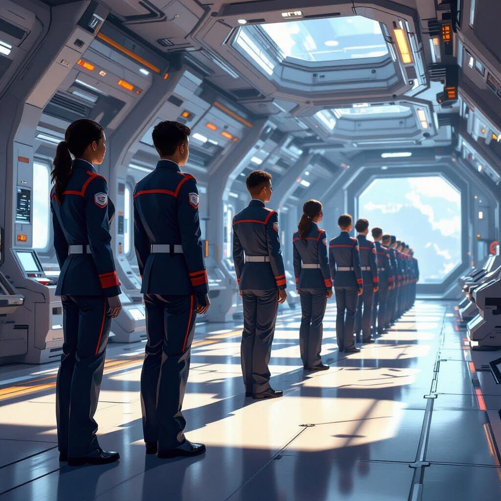 Diverse Cadets in Futuristic Space Station Training Hall