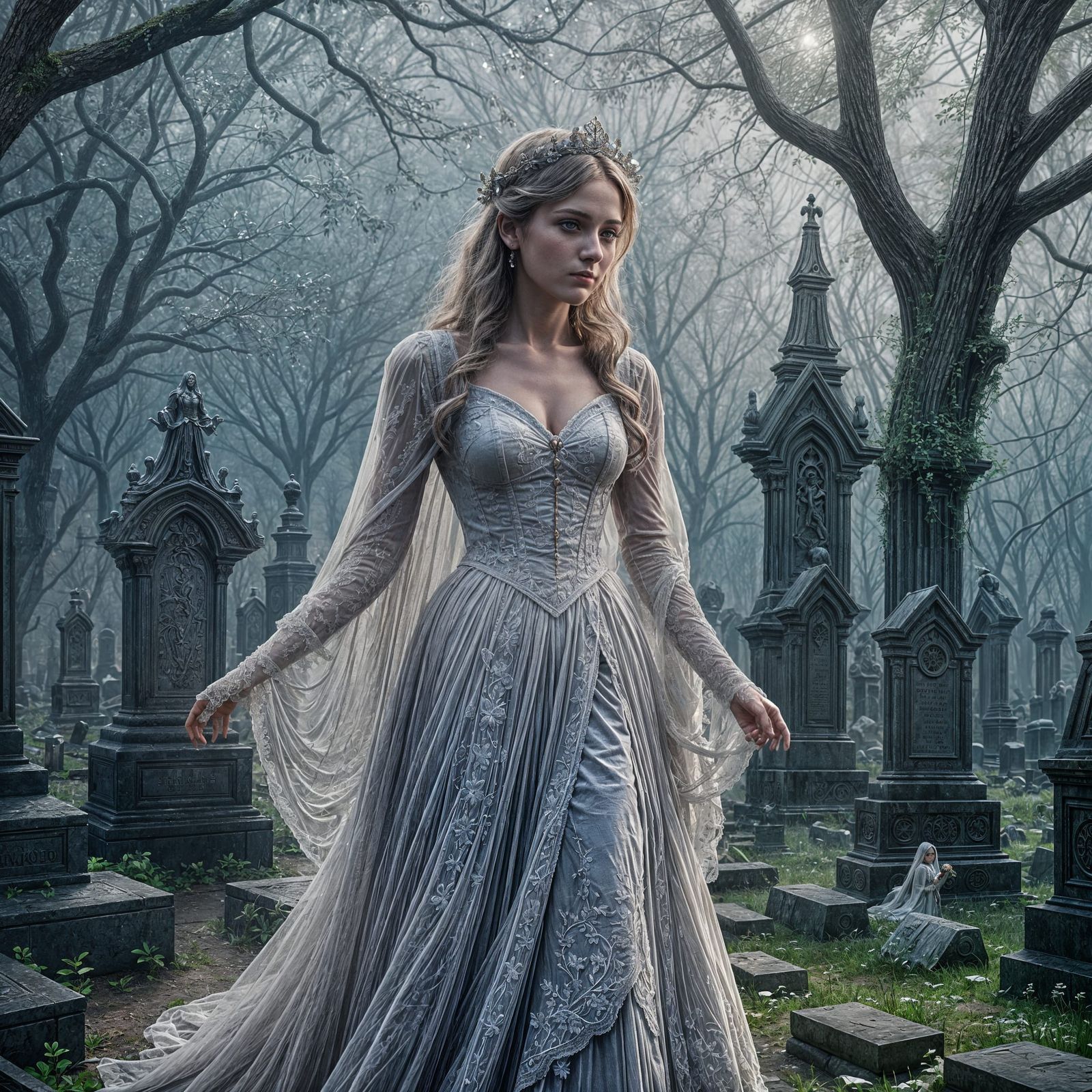 Victorian Ghost in Graveyard: Detailed Matte Painting