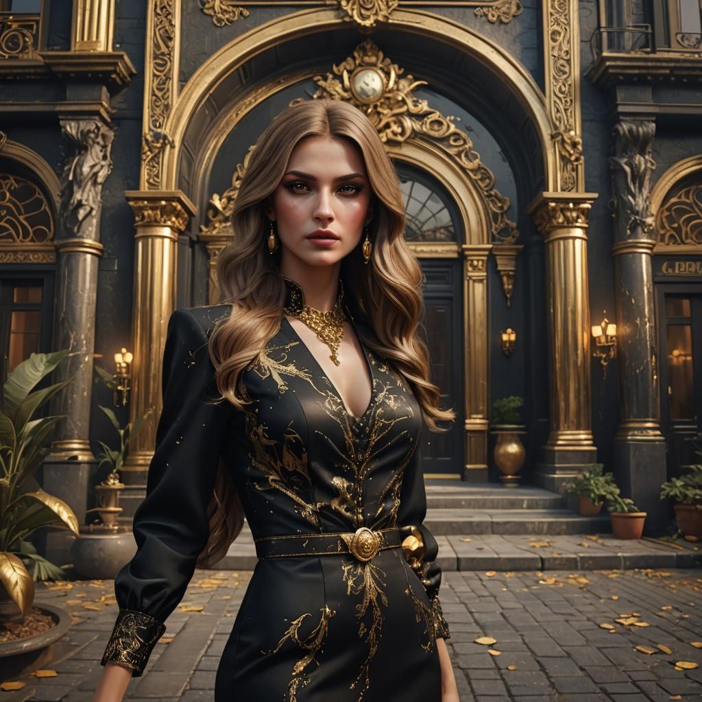 Mafia Woman in Black and Gold Mansion