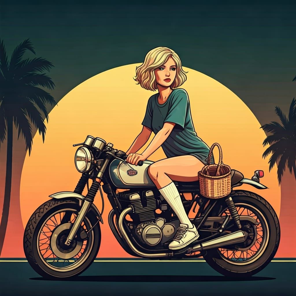 Retro 80s Woman on Motorcycle at Sunset