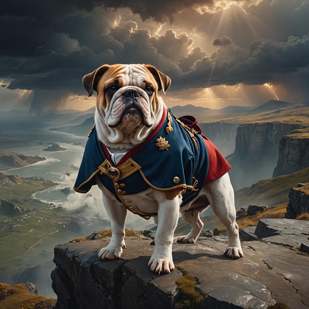 Napoleon Bulldog Overlooking Stormy Landscape, Digital Paint...