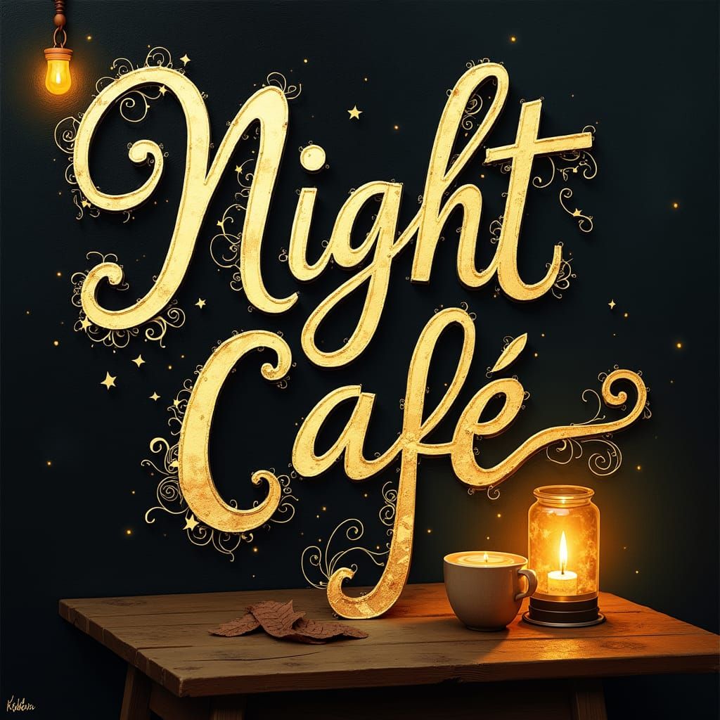 The calligraphic illustration shows the word "Night-Cafe" in...