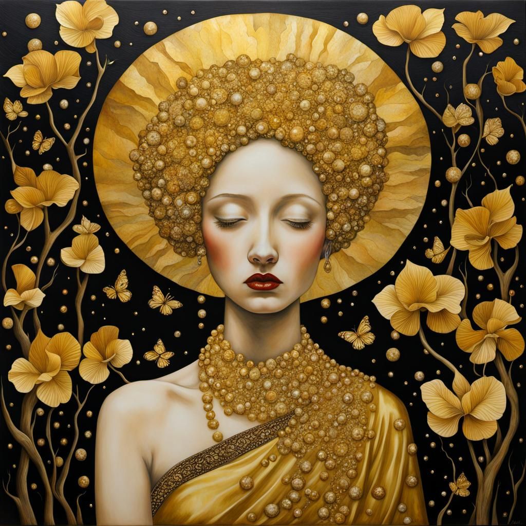 Golden Surreal Scene in Mixed Media Style