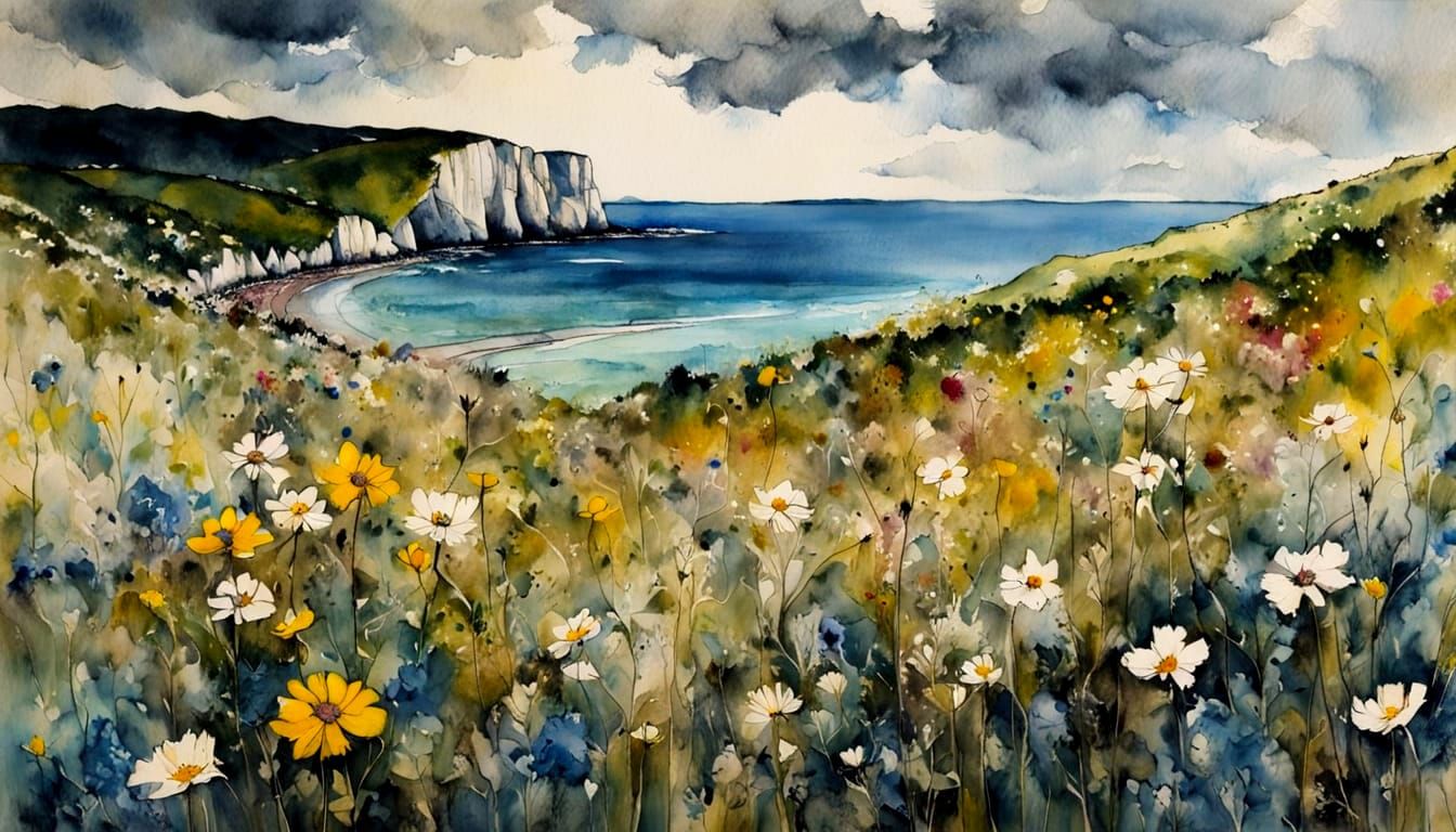 Wildflowers Bloom on Dover Cliffs: Encaustic Painting