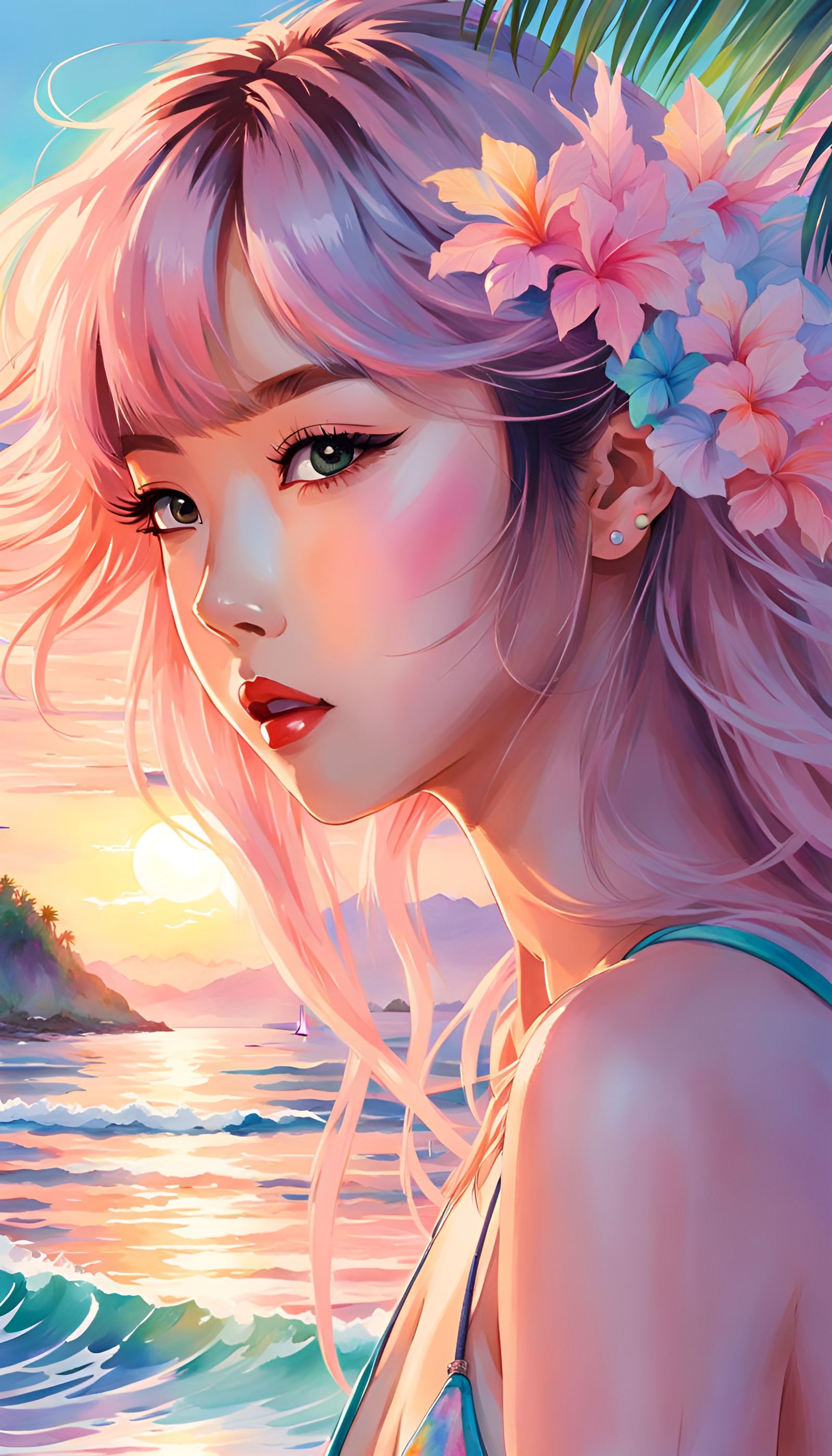Anime Japanese Girl on Beach at Sunset in Watercolor